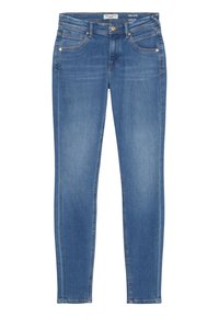 Jeans din denim albastru, slim-fit, cu o spălare deschisă, cinci buzunare, nituri metalice și detalii cusute de-a lungul cusăturilor.