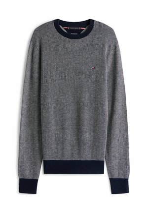 Maglione a motivo a spina di pesce blu navy e bianco con colletto e polsini a costine. Piccolo logo rosso, bianco e blu sul petto.