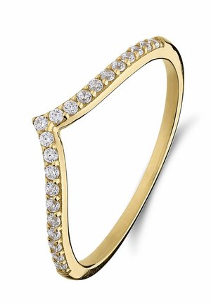 Gold ring with a chevron shape, set with two rows of round clear gemstones along the top edges.