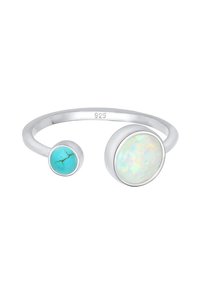 Åben manchet ring i sterling sølv (925) med to cirkulære sten: en blå turkis med årer og en iriserende opal.