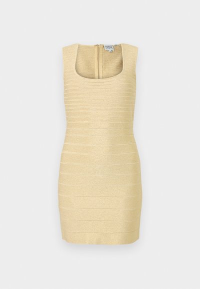 Sleeveless gold bandage dress with square neckline and back zipper, featuring horizontal textured stripes.