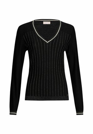 Pull noir à manches longues, col en V, avec des rayures scintillantes verticales et une bordure blanche contrastante au niveau du col et des poignets.