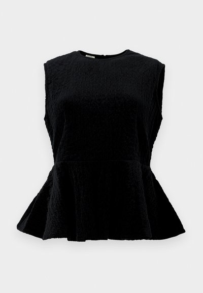 Top peplum negru cu design fără mâneci, țesătură texturată, decolteu rotund și margine evazată. Prezintă creste verticale subtile pe întreaga suprafață.