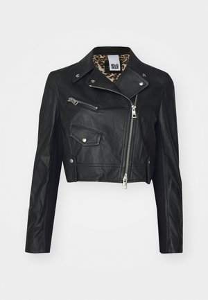 Black cropped leather jacket with zipper front, two zippered pockets, and a leopard print lining. Features a classic motorcycle design.