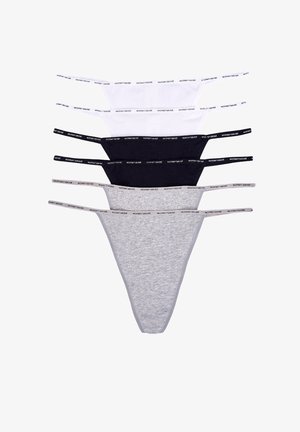 Five pairs of women's thong underwear in gray, black, and white cotton, featuring narrow elastic waistbands with the brand name printed.