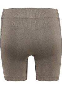 Kaki-färgade kompressionsshorts med en slät textur, ribbad midja och sömlös design, med subtila konturdetaljer.