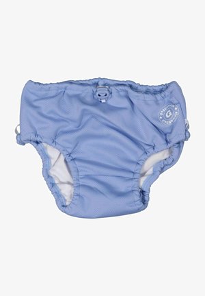 Sininen uimahousupuku, jossa on joustava vyötärö ja lahkeensuukappaleet. Valmistettu kevyestä ja hengittävästä kankaasta, jossa on sileä vuori.