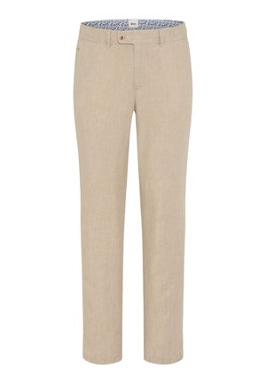 Beige gerade geschnittene Hose mit Knopf- und Reißverschluss, Gürtelschlaufen und floralem Innenbunddetail.