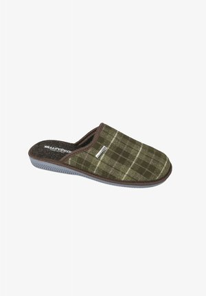 Pantofole a quadri verdi con tomaia in tessuto morbido, soletta imbottita e suola in gomma. Presentano un bordo marrone e un piccolo logo.