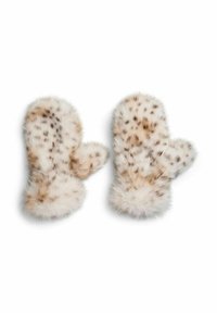 Mittens in pelliccia sintetica bianca con macchie di leopardo marroni, caratterizzati da una forma arrotondata e una texture morbida. Gli accessori includono polsini soffici e aperture per il pollice.