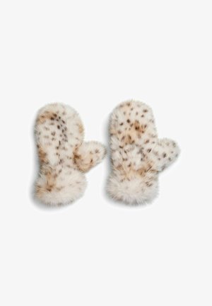 Faux pelsvante i hvid med brune leopardpletter, med en rund form og blød tekstur. Detaljer inkluderer fluffy manchetter og tommelåbninger.