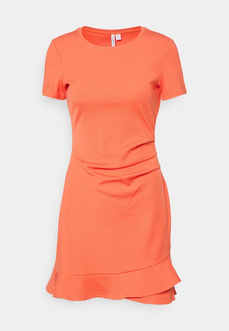 Vestido de manga corta en coral brillante, hecho de suave tejido acanalado. Cuerpo ajustado con un dobladillo acampanado, que presenta un escote redondo.