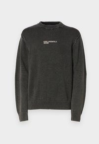 Mörkgrå stickad tröja med ribbad krage och muddar. Har "KARL LAGERFELD JEANS" broderat i vitt på framsidan. Minimalistisk design.