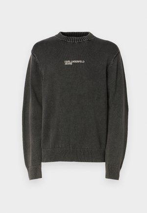 Dark gray knitted sweater with a ribbed collar and cuffs. Features “KARL LAGERFELD JEANS” embroidered in white on the front. Minimalist design.