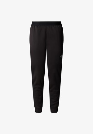 Pantalones de chándal negros con cintura elástica, piernas ajustadas y detalle de logo en la parte inferior izquierda; fabricados con una tela suave y ligera.