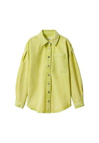 Camicia in denim gialla con colletto, maniche lunghe, chiusura con bottoni davanti e una tasca sul petto. Texture morbida con una vestibilità rilassata.