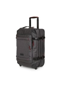 Gray fabric luggage with black accents, retractable handle, multiple zippered pockets, and durable wheels for mobility. Textured surface.