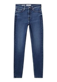 Slim fit dżinsy z ciemnoniebieskiego denimu, z pięcioma kieszeniami, szlufkami na pasek oraz zamkiem błyskawicznym z metalowym guzikiem. Gładka tekstura na całej powierzchni.