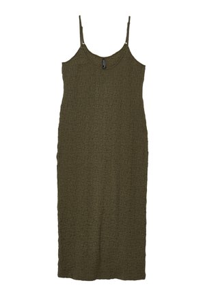 Abito lungo senza maniche color verde oliva con una superficie testurizzata, caratterizzato da spalline sottili e regolabili e un taglio dritto. Senza chiusure visibili.