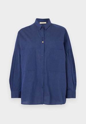 Marineblauw gestreept shirt met lange mouwen, een knoopsluiting aan de voorkant, een kraag, twee borstzakken en omslagmouwen, gemaakt van lichtgewicht stof.
