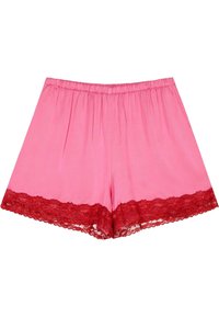 Shorts de algodón rosa con un corte relajado, que cuentan con un borde de encaje rojo en el dobladillo. Cintura elástica para mayor comodidad. Textura suave.