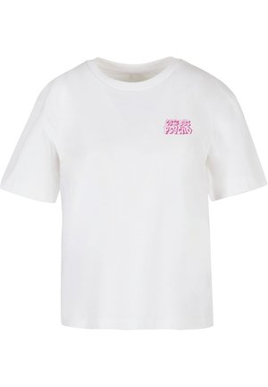 White cotton t-shirt with a relaxed fit, featuring short sleeves and a pink graphic printed on the left chest. Text reads "CITIZEN PSYCHO."