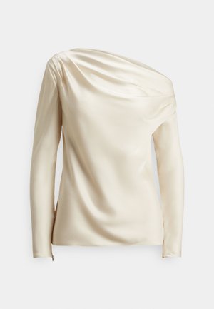Ilgas satino palaidinė ilgomis rankovėmis, smėlio spalvos, su drapiruotu dizainu ir asimetriška iškirpte, pagaminta iš tekstūruotos medžiagos, su minimalistišku šoniniu užtrauktuku.