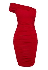 Robe moulante rouge froncée avec décolleté asymétrique à une épaule et silhouette ajustée, longueur au genou, conçue pour les occasions formelles ou en soirée.