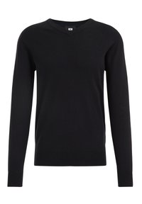 Musta V-kaula-aukollinen neulepusero pehmeästä kankaasta, jossa pitkät hihat, resorit hihansuissa ja normaali istuvuus. Ei näkyviä kuvioita tai yksityiskohtia.