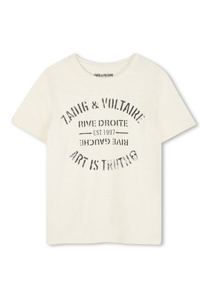 T-shirt crème à manches courtes en tissu doux, présentant un design graphique circulaire noir avec le texte « ZA DIG & VOLTAIRE » et « L'ART EST LA VÉRITÉ ». 