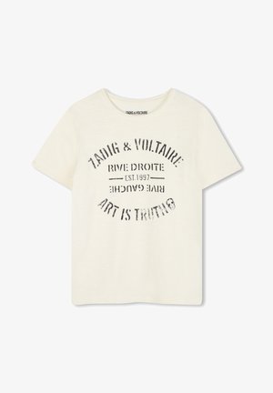 Crème kleurige T-shirt met korte mouwen, gemaakt van zachte stof, met een cirkelvormig zwart grafisch tekstontwerp waarin "ZA DIG & VOLTAIRE" en "ART IS TRUTH" staan.
