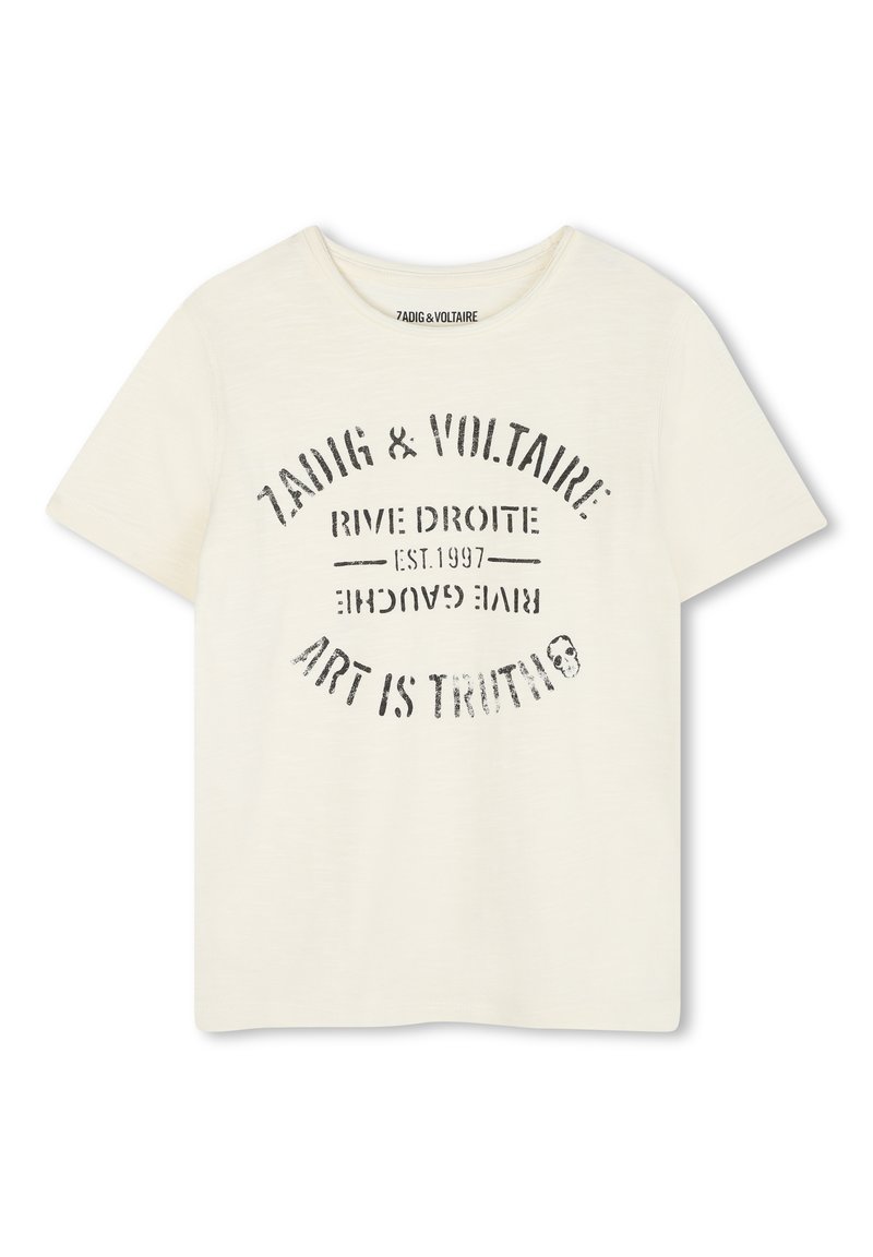Kremowa krótko rękawowa koszulka wykonana z miękkiego materiału, z okrągłym czarnym graficznym wzorem tekstowym z napisem „ZA DIG & VOLTAIRE” oraz „SZTUKA TO PRAWDA.”