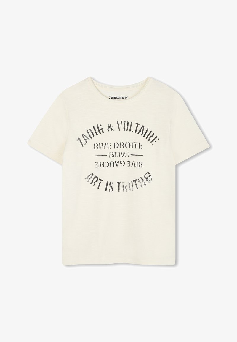 Kremowa krótko rękawowa koszulka wykonana z miękkiego materiału, z okrągłym czarnym graficznym wzorem tekstowym z napisem „ZA DIG & VOLTAIRE” oraz „SZTUKA TO PRAWDA.”