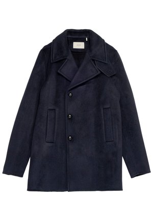 Navy blue pea coat with a soft texture, featuring a notched collar, six buttons, and two side pockets. Mid-length style.