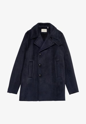 Navy blue pea coat with a soft texture, featuring a notched collar, six buttons, and two side pockets. Mid-length style.