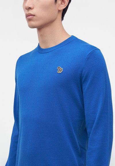Jeune personne portant un pull bleu à manches longues avec un petit logo zèbre coloré brodé sur la poitrine.
