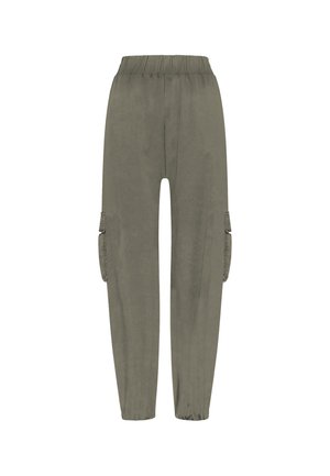 Spodnie cargo w oliwkowej zieleni z elastycznym paskiem w talii, bocznymi kieszeniami i zwężanym krojem. Wykonane z miękkiej, gładkiej tkaniny o luźnym kroju.