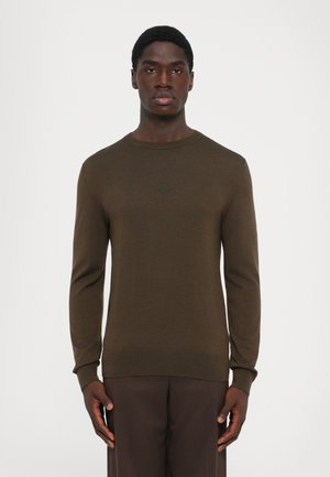 Man with dark skin wearing a plain brown long-sleeve sweater and dark brown pants, standing against a plain white background.