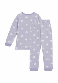 Pigiama per bambini di colore viola con maniche lunghe e pantaloni, caratterizzato da un motivo a cuori bianchi. Tessuto morbido e leggero con vita elastica.