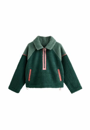 Fleece-Pullover-Jacke in Dunkelgrün und Hellgrün, mit einem halben Reißverschluss, großem Kragen und rosa Akzentdetails. Verfügt über ein kastiges Design und seitliche Taschen.