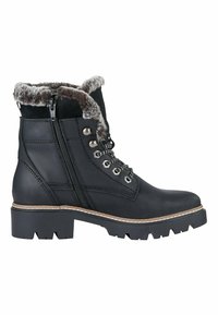 Botas de cuero negro hasta el tobillo con borde de pelo sintético, diseño de cordones y cremallera lateral. Cuentan con una suela robusta con un dibujo pronunciado para mayor agarre.