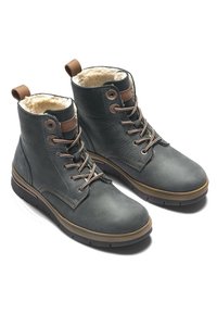 Grey leather ankle boots with a plush interior, brown accents, metal eyelets, and brown laces. Features a textured rubber sole for grip.