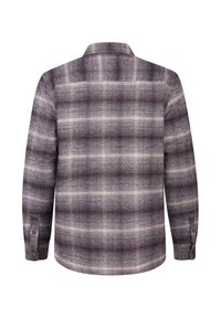 Bruine en grijze geruite blouse met lange mouwen, voorzien van een klassieke kraag, knoopsleuven en een zachte, gestructureerde stof. Achteraanzicht weergegeven.