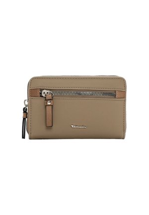 Beige wallet with a textured surface, zippered compartment, brown accents, and a small black tassel. Features a brand logo on the front.