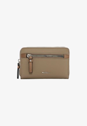 Beige wallet with a textured surface, zippered compartment, brown accents, and a small black tassel. Features a brand logo on the front.