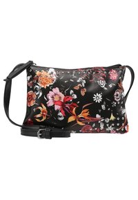 Černá crossbody taška z umělé kůže s květinovým potiskem, se zipovým uzavíráním, nastavitelným popruhem a stříbrnými hroty.
