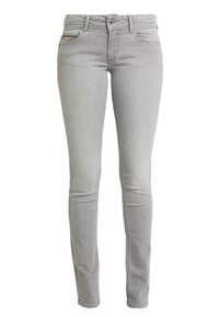 Šedé džíny skinny střihu vyrobené z denimu, se pěti kapsami, zapínáním na zip a poutky na opasek; hladká textura a dobře padnoucí střih.