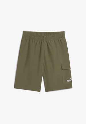 Șorturi verde măsliniu dintr-un material ușor, cu un tiv elastic la talie, buzunare laterale și un logo alb pe partea inferioară.