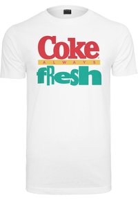Bílý bavlněný tričko s červeným logem "Coke", žlutým nápisem "always" a zeleným "fresh", s blokovými písmeny a designem s kulatým výstřihem.