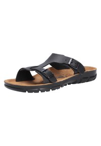 Black sandal with two adjustable straps, cork footbed, rubber outsole, and open toe design, featuring a smooth, matte finish.